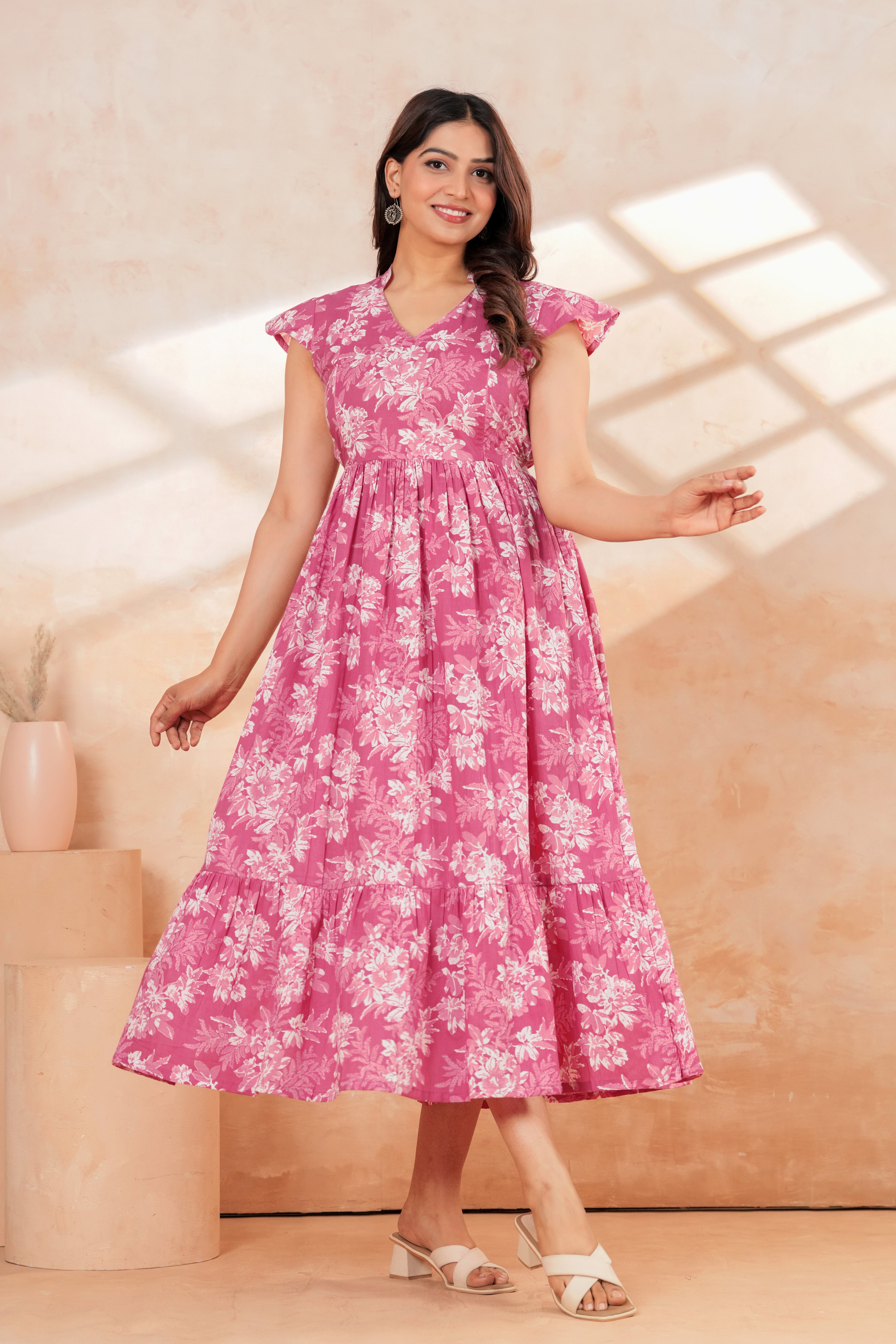Momaura Pink Half sleeves Floral Feeding & Maternity Dress