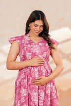 Momaura Pink Half sleeves Floral Feeding & Maternity Dress