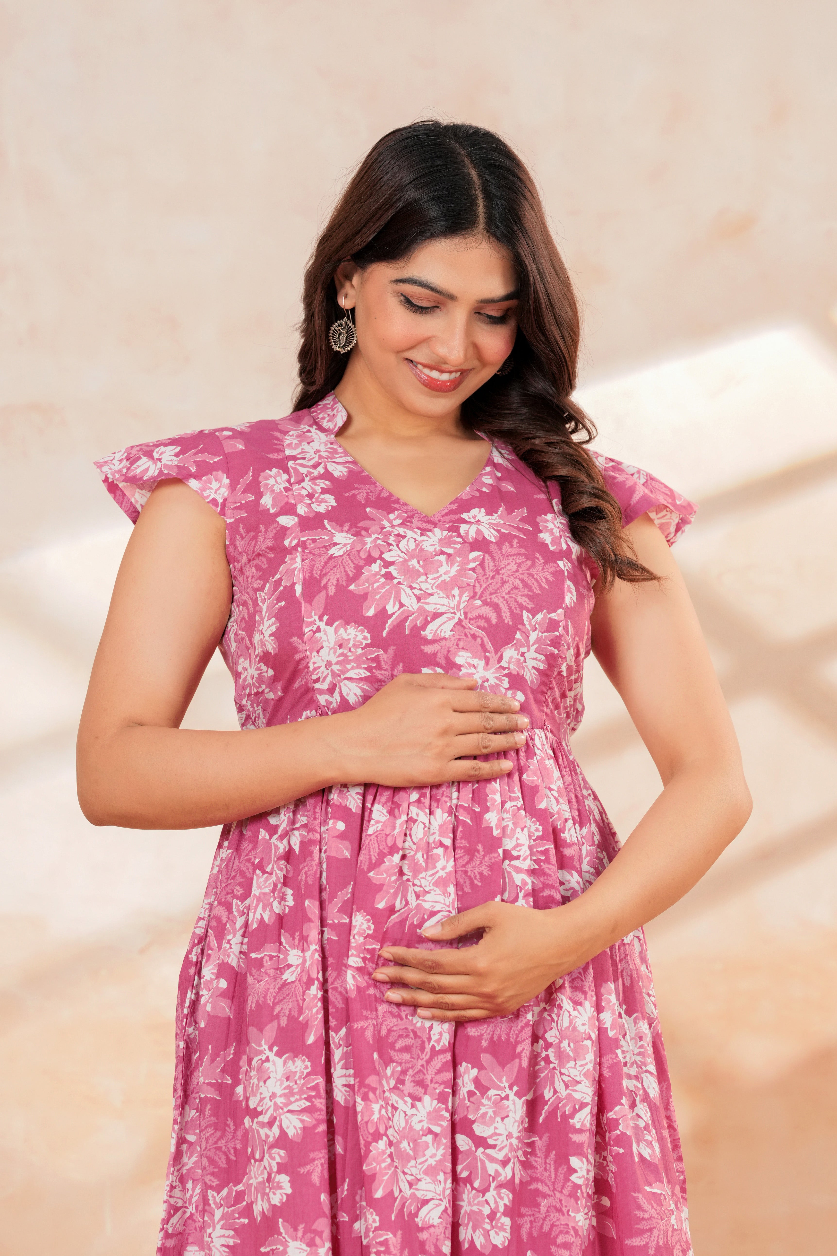 Momaura Pink Half sleeves Floral Feeding & Maternity Dress